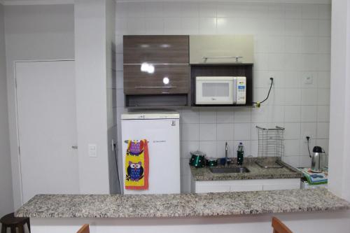奥林匹亚Olímpia Temporada Cond. Villagio的厨房配有白色冰箱和微波炉