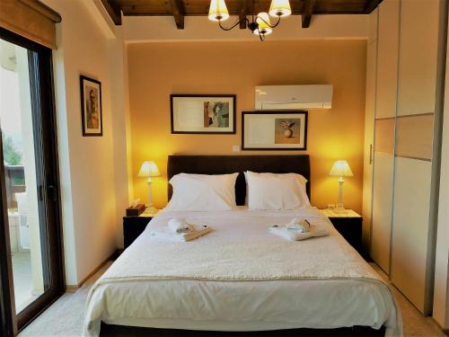 阿拉霍瓦Mountain Chalet Livadi的一间卧室配有一张大床和两条毛巾