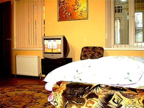 尼古拉耶夫2 ком квартира Соборная-Макарова-Макдональдс 4 дивана WI-FI самый центр Николаева 2 этаж的一间卧室配有一张床和电视