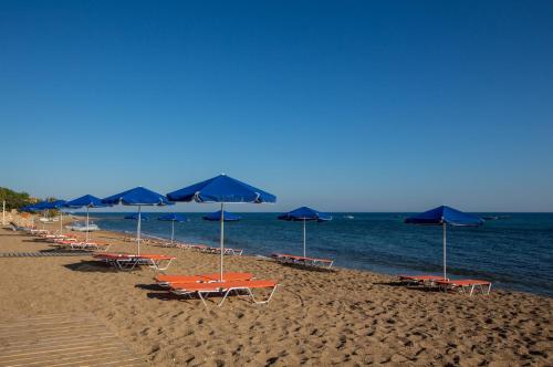 阿尔库季岛Ionion Beach Apartment Hotel & Spa的海滩上的一排椅子和遮阳伞