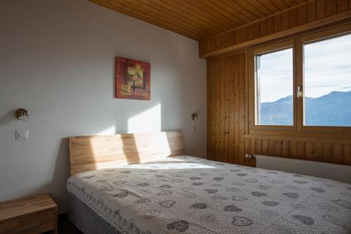 莱斯克伦斯Immeuble Horizon的一间卧室设有一张床和一个享有山景的窗户。