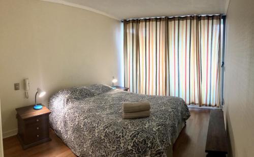 圣地亚哥Mirando a Parque Arauco的一间卧室设有一张床和一个大窗户
