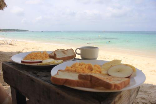 巴尔Pura Vida Baru - La Casa del Cholo的海滩上餐桌上的一盘食物