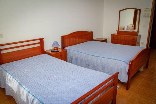 塞亚Hospedaria Santa Cruz的一间卧室配有两张床和镜子