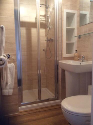 戈斯兰Mill Croft Bed and Breakfast的带淋浴、卫生间和盥洗盆的浴室