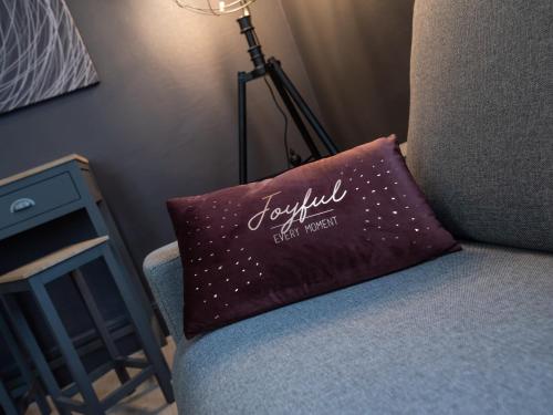 里昂Le Nid Lyonnais - Montchat的一张带灯的沙发上的紫色枕头