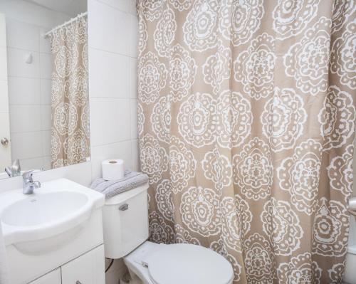 圣地亚哥森特诺公寓酒店的一间带卫生间和淋浴帘的浴室