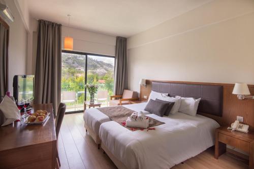 阿格罗斯罗登度假酒店的酒店客房设有一张大床和一张桌子。