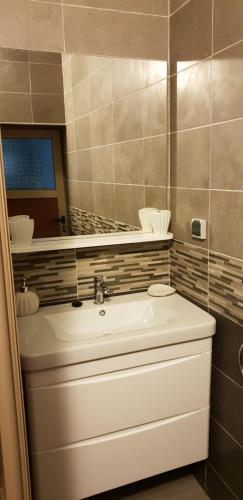 坦坦Hôtel Sable d'Or的浴室设有白色水槽和镜子