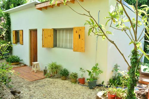 圣特雷西塔La Casa de Huéspedes的白色的小房子,设有木窗和植物