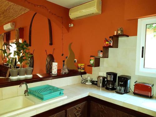 萨利波图尔Safari Village Saly的厨房设有橙色墙壁和水槽