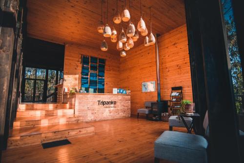 皮奇勒姆奇帕柯山林小屋和简易别墅的客厅设有木墙和木地板