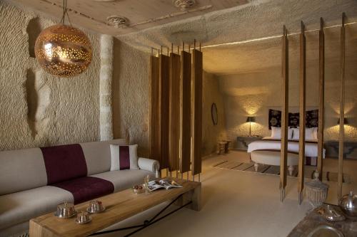 奥塔希萨尔河泽洞穴酒店的客厅配有沙发和1张床