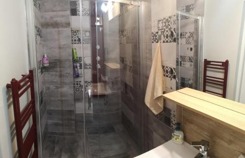 索瓦塔Green Apartament的带淋浴的浴室和玻璃门