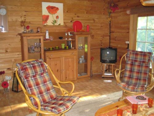 NeukalenFerienhaus I.Winkler的客厅配有两把椅子和电视