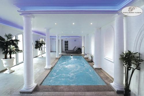 孔东欧陆酒店的一座蓝色天花板的大厦内的大型游泳池