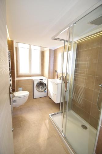 尼斯Jade Duplex - No Better Location In Nice的带淋浴和洗衣机的浴室