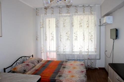 阿拉木图Apartments Zhambyl 159的一间卧室配有床和带窗帘的窗户