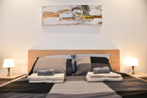 大加那利岛拉斯帕尔马斯Apartments Vegueta Suite的一间卧室配有一张大床和毛巾