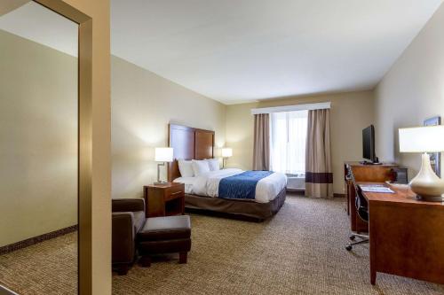 巴吞鲁日Comfort Inn & Suites Airport的酒店客房带一张床、一张书桌和一面镜子