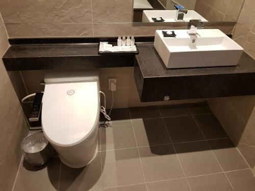 釜山Suntree Hotel的浴室配有白色卫生间和盥洗盆。