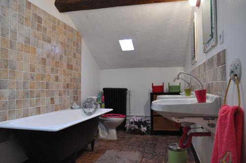 荷里尤Villa Castel Chambres d'hôtes的带浴缸、盥洗盆和卫生间的浴室