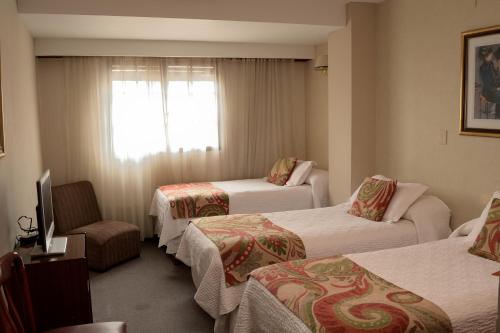 圣地亚哥-德尔埃斯特罗中心酒店的酒店客房设有三张床和窗户。
