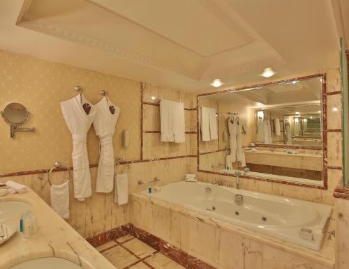 安曼安曼摄政宫酒店的一间带浴缸和大镜子的浴室