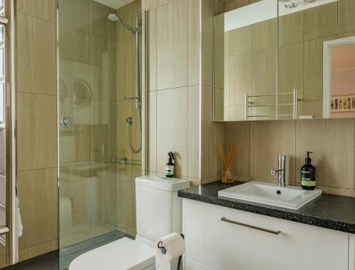 霍巴特萨拉曼卡斯卡莱特公寓的浴室配有卫生间、淋浴和盥洗盆。