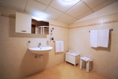 圣马蒂诺-迪卡斯特罗扎GH Hotel Fratazza的浴室配有盥洗盆、卫生间和毛巾。