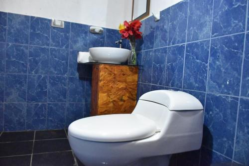卡瓦纳科德Oasis Paraiso Ecolodge的蓝色瓷砖浴室设有卫生间和水槽