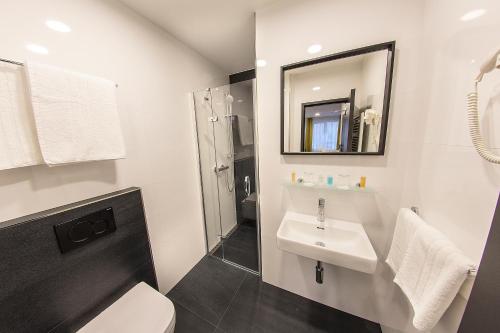 布拉格Hotel Valcha的一间带水槽、卫生间和镜子的浴室