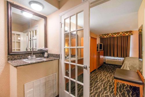 圣安东尼奥Quality Inn & Suites I-35 near Frost Bank Center的酒店客房设有带水槽的浴室和一张床