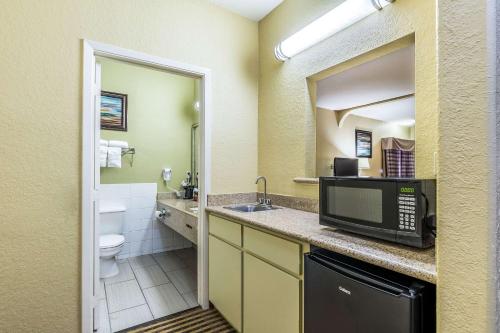 休斯顿Quality Suites North Houston - Spring的一间带水槽和微波炉的小浴室