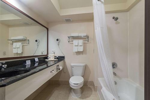 休斯顿Quality Inn & Suites West Chase的浴室配有卫生间、盥洗盆和淋浴。