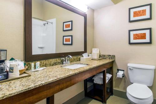 科尔宾Quality Suites的一间带卫生间、水槽和镜子的浴室