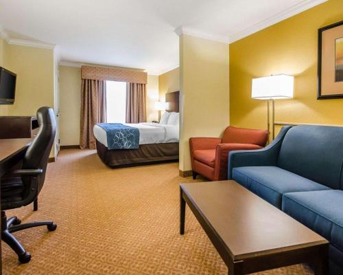 伊丽莎白镇Comfort Suites的酒店客房,配有床、沙发和椅子