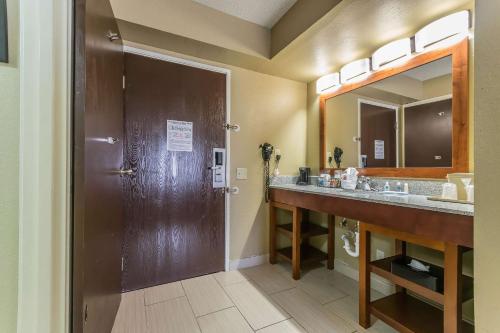 列克星敦列克星敦康福特茵酒店及套房的一间带双人盥洗盆和棕色门的浴室