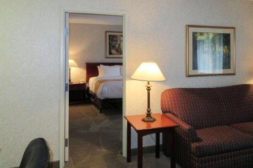 阿尔伯克基Quality Inn & Suites Albuquerque Downtown University的酒店客房配有床、沙发和灯具。