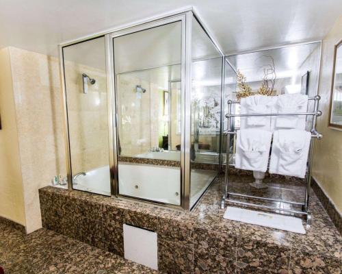 奥蒙德海滩Quality Inn Oceanfront的浴室设有玻璃淋浴间和白色毛巾