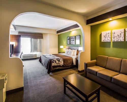 奥兰多奥兰多机场司丽普旅馆&套房酒店的酒店客房,配有床和沙发