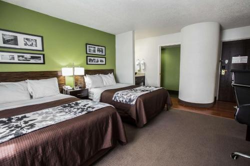 罗克福德Sleep Inn Rockford I-90的一间酒店客房,设有两张床和绿色的墙壁