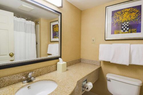 里维尔Quality Inn Boston-Revere的一间带水槽、卫生间和镜子的浴室