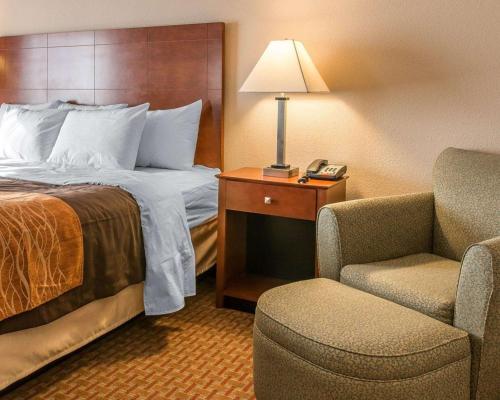 新布法罗Quality Inn Near Interstate I94的酒店客房配有床、椅子和灯具