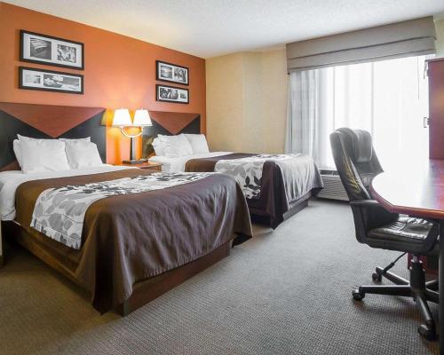 比林斯比林斯司丽普酒店的酒店客房 - 带两张床、一张桌子和一把椅子