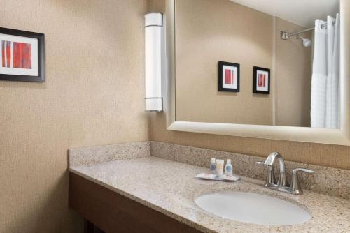 费耶特维尔Comfort Inn Fayetteville West Near Fort Liberty的一间带水槽和镜子的浴室