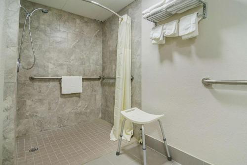 RaefordQuality Inn Raeford的带淋浴和白色凳子的浴室