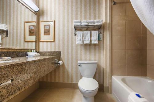 迪金森Heritage Hotel and Suites的浴室配有卫生间、盥洗盆和浴缸。