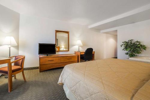 博尔德城Lake Mead Inn的酒店客房配有一张床、一张书桌和一台电视。