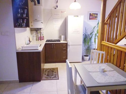 梅希莱尼采Podkowa的厨房配有水槽、冰箱和桌子
